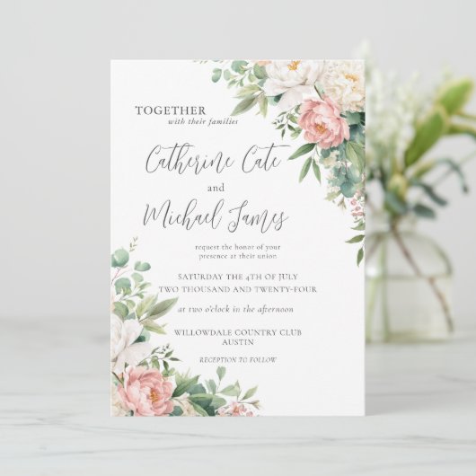 Budget Rosa & Elfenbeinflora Elegante Hochzeit Einladung (Stehend Vorderseite)