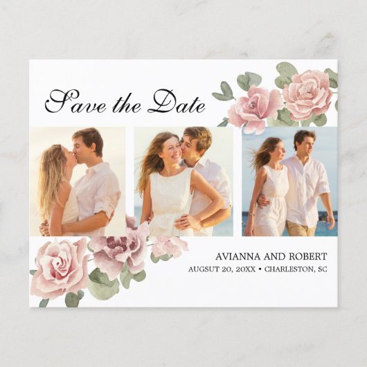 Budget Rosa florales Foto Save the Date (Vorderseite)
