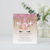 BUDGET Rosa Glitzer Einhorn Girls Birthday Einladu (Stehend Vorderseite)