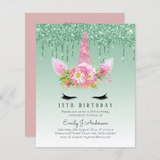 BUDGET Rosa Glitzer Einhorn Girls Birthday Einladu