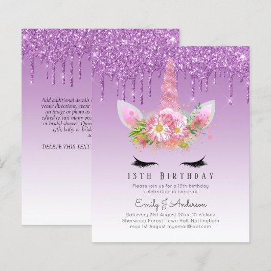 BUDGET Rosa Glitzer Einhorn Girls Birthday Einladu (Vorne/Hinten)