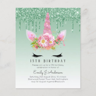 BUDGET Rosa Glitzer Einhorn Girls Birthday Einladu Flyer