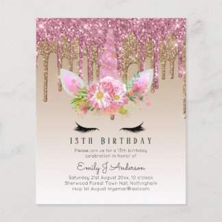 BUDGET Rosa Glitzer Einhorn Girls Birthday Einladu Flyer