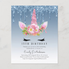 BUDGET Rosa Glitzer Einhorn Girls Birthday Einladu Flyer