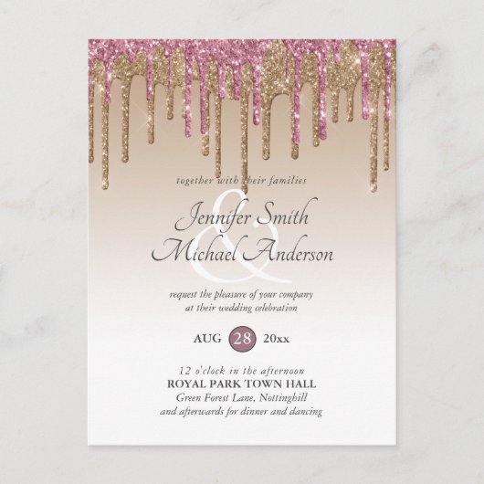 Budget Rosa Glitzer Rose Gold WEDING EINLADUNG Postkarte (Vorderseite)
