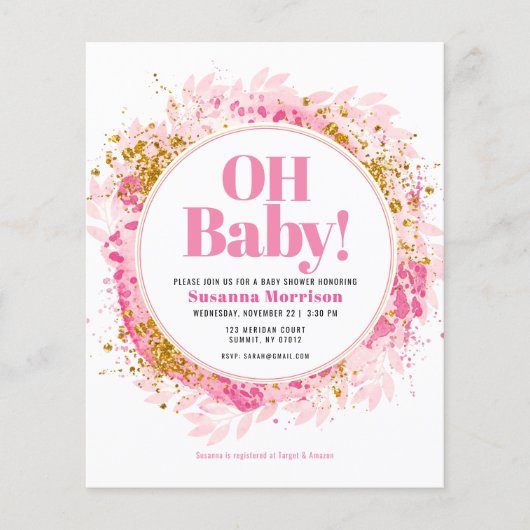 Budget Rosa & Gold Glitzer Kinderdusche Einladung (Vorderseite)