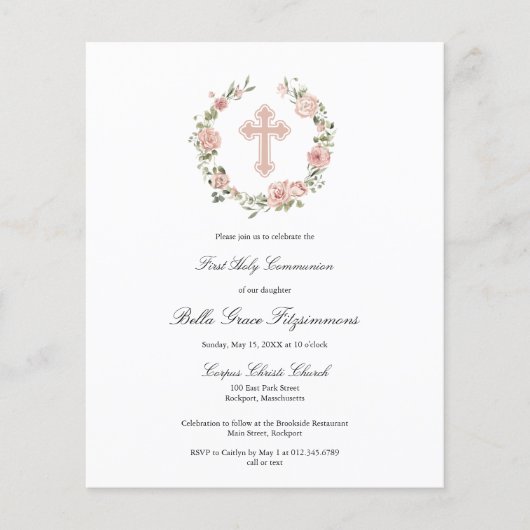 Budget Rosa Kreuz Kranz Erste Kommune Einladung (Vorderseite)