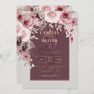 BUDGET Rosa Maroon Wine Floral Wedding INVITE Einladung