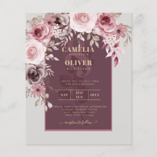 BUDGET Rosa Maroon Wine Floral Wedding INVITE Flyer
