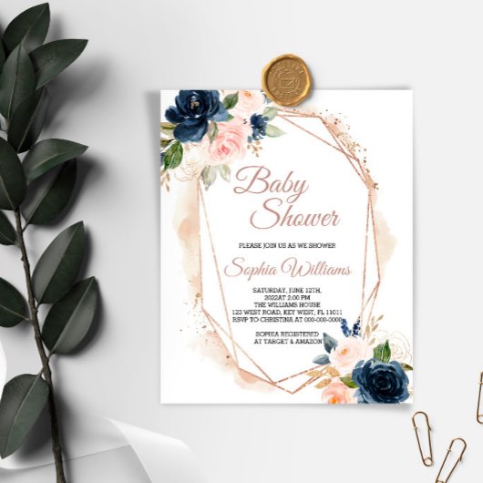 Budget Rosa, Navy & Gold Baby Dusche Einladung