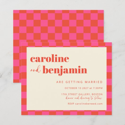 Budget Rosa Orange Checkerboard Hochzeit einladen (Vorne/Hinten)