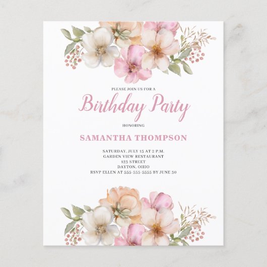 Budget Rosa Pfirsichblüte Geburtstag Einladung Flyer (Vorne)