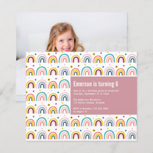BUDGET Rosa Rainbows Geburtstagsparty Einladung (Vorne/Hinten)
