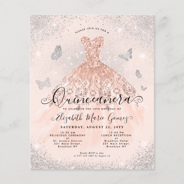 Budget Rosa Rose Gold Glam Gown Quinceanera Einlad (Vorderseite)