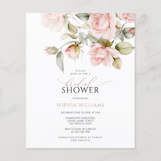 Budget Rosa Rose & Greenery Brautparty Einladung (Vorderseite)