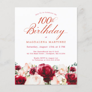 Budget Rosa Rote Flora 100. Geburtstag Einladung