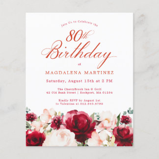 Budget Rosa Rote Flora 80. Geburtstag Einladung