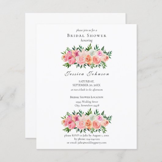 Budget Rosa und Weiß Brautparty Einladung (Vorne/Hinten)