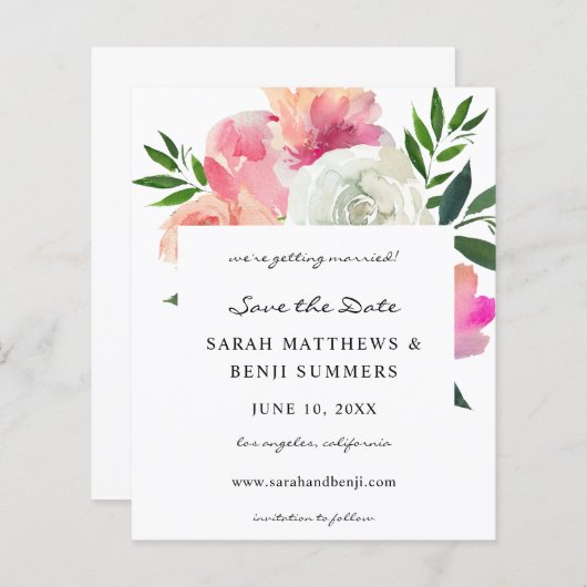 Budget Rosa und Weiß Graue Blüten Save the Date 2 (Vorne/Hinten)