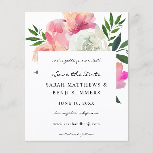 Budget Rosa und Weiß Graue Blüten Save the Date V2 Flyer (Vorne)