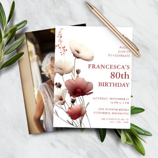 Budget Rosa und Weiß Mohn 80. Geburtstag Einladung