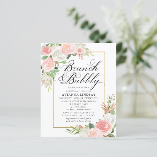 Budget Rosa Weißer Blumenbrunch Bubbly Einladung (Stehend Vorderseite)