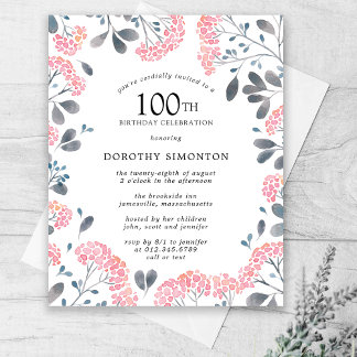 Budget Rosa Wildblume 100. Geburtstag Einladung