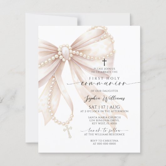 Budget Rosary Bow First Holy Communion Invitation (Vorderseite)