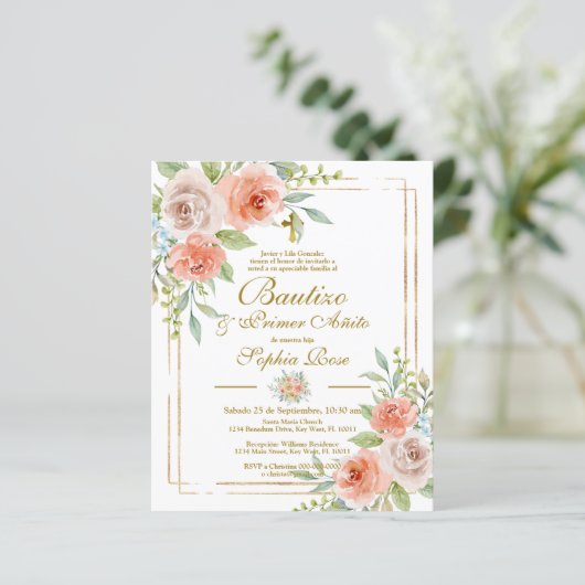 Budget Rosas para Bautizo & Primer Añito Einladung (Stehend Vorderseite)