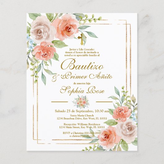 Budget Rosas para Bautizo & Primer Añito Einladung (Vorderseite)