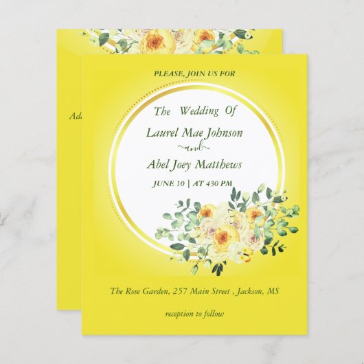 Budget. Rose auf gelbem Hintergrund Einladung (Vorne/Hinten)
