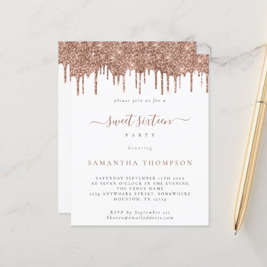 Budget Rose Glitzer Tropfen Sweet 16 Einladung (Vorderseite/Rückseite Beispiel)