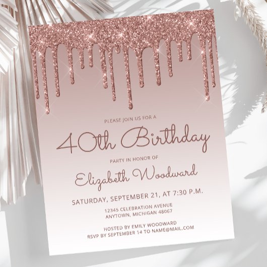 Budget Rose Gold 40. Geburtstag Party Einladung