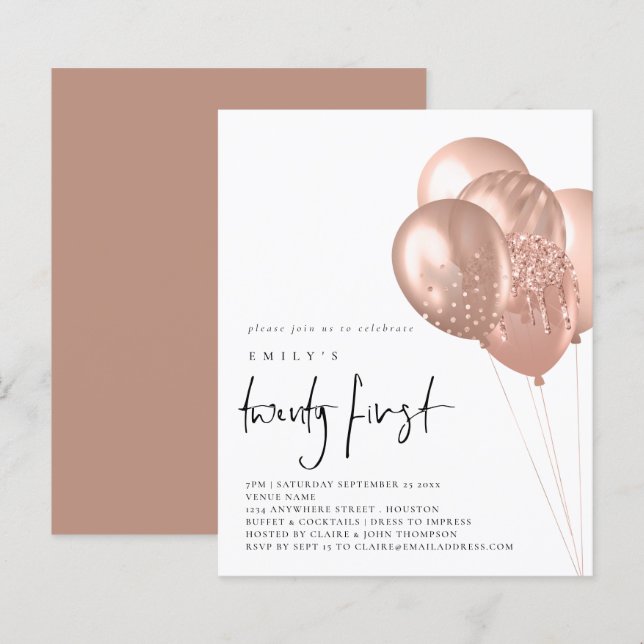 Budget Rose Gold Ballons 21. Party Einladung (Vorne/Hinten)