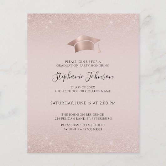 Budget Rose Gold Blush Glitzer Grad Party Einladun (Vorderseite)