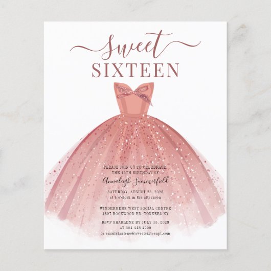 Budget Rose Gold Dress Glitzer Sweet 16 Einladung (Vorderseite)