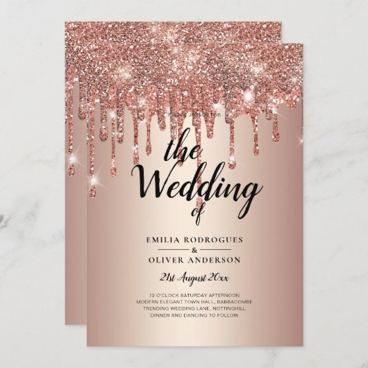 Budget Rose Gold Dripping Glitzer WEDite Einladung (Vorne/Hinten)