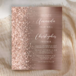 Budget Rose Gold Glam Glitzer Hochzeit Einladung<br><div class="desc">Die links Kulisse dieser eleganten,  modernen Hochzeitseinladung besticht durch eine Rose Gold Imitat Glitzer-Grenze. Der anpassbare Text kombiniert weiße Handschrift,  Kupferplatte und kursiven Schriftart auf einer Rose goldfarbenen Imitaten aus gebürstetem Metall. Die Rückseite ist mit einem passenden Glitzer und einem gebürsteten Metalldesign ausgestattet.</div>