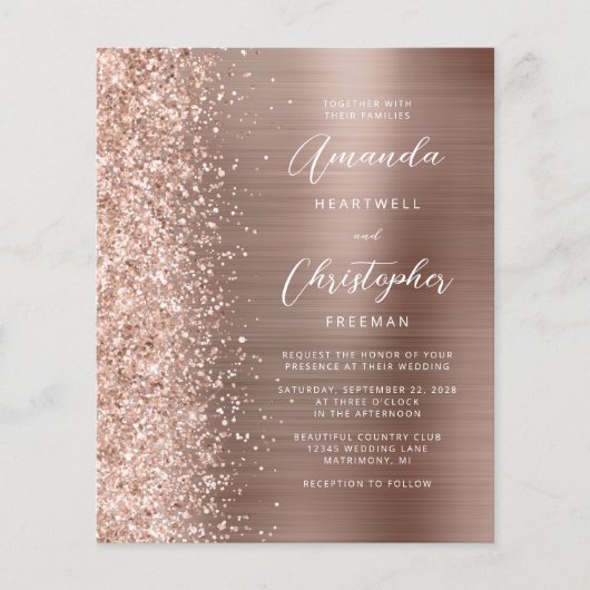 Budget Rose Gold Glam Glitzer Hochzeit Einladung (Vorderseite)