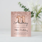 Budget Rose Gold Glitzer 11. Geburtstag Einladung (Stehend Vorderseite)