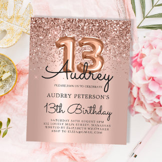 Budget Rose Gold Glitzer 13. Geburtstag Einladung