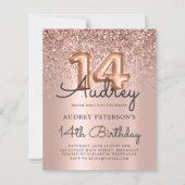 Budget Rose Gold Glitzer 14. Geburtstag Einladung (Vorderseite)