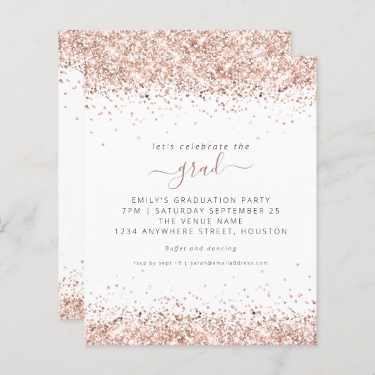 Budget Rose Gold Glitzer 2024 Abschluss Einladung (Vorne/Hinten)