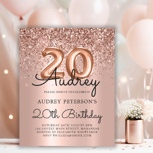Budget Rose Gold Glitzer 20. Geburtstag Einladung
