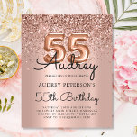 Budget Rose Gold Glitzer 55. Geburtstag Einladung<br><div class="desc">Mit dieser glamourösen Rose Gold Ballon (55.) Budget Geburtstagseinladung 55 in Stil. Die elegante Rose mit Goldfolienballons,  anmutiger Kalligraphie und einem glitzernden Rahmen auf einem luxuriösen,  rot-rosa Metallic-Hintergrund lädt zu einem stilvollen und dennoch lustigen Fest ein. Eine schöne Wahl für jede Frau,  die ihren Meilenstein im Stil feiern möchte.</div>