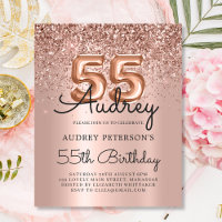 Budget Rose Gold Glitzer 55. Geburtstag Einladung