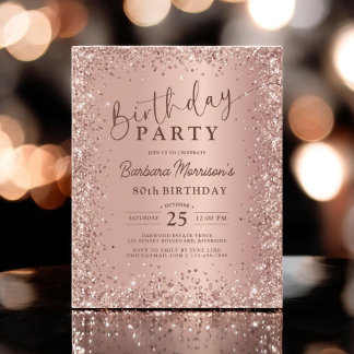 Budget Rose Gold Glitzer 80. Geburtstag Einladung