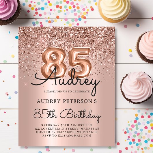 Budget Rose Gold Glitzer 85. Geburtstag Einladung