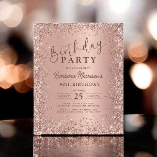 Budget Rose Gold Glitzer 90. Geburtstag Einladung