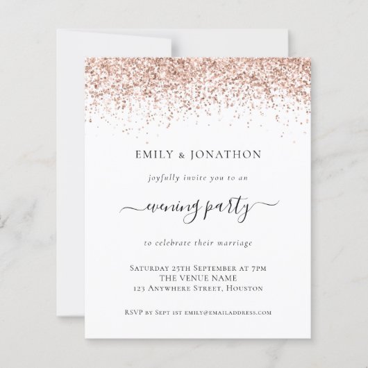 Budget Rose Gold Glitzer Abend Hochzeit Einladung (Vorderseite)